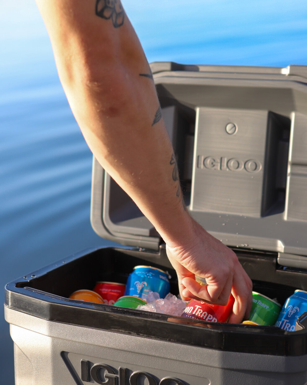 person reaching into cooler of beer cans